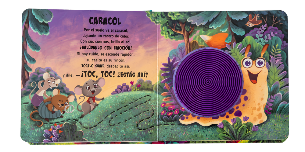 Página interior de Bosque con un caracol y concha en espiral texturizada