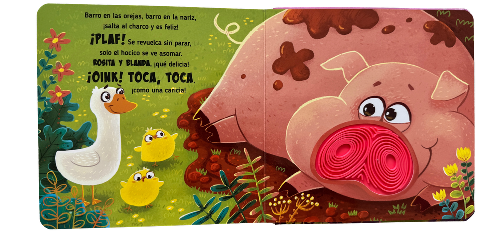 Página interior de Granja con un cerdito y hocico rosa texturizado