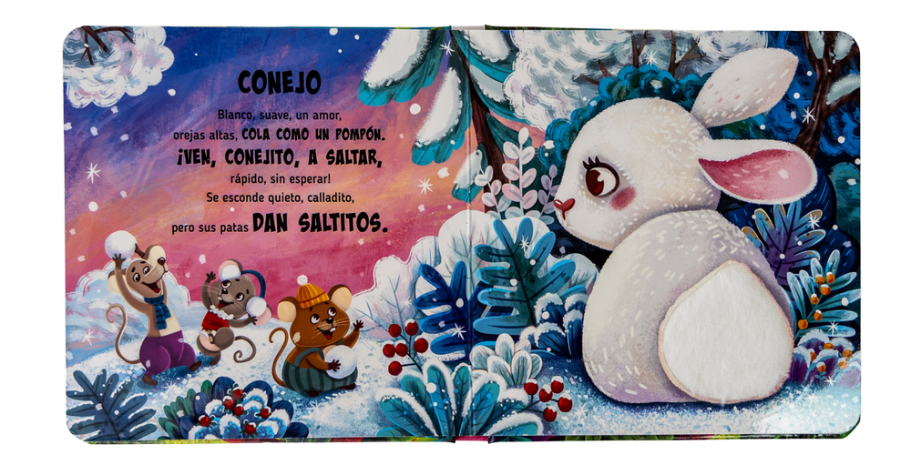 Página interior de Bosque con un conejo blanco y barriga suave