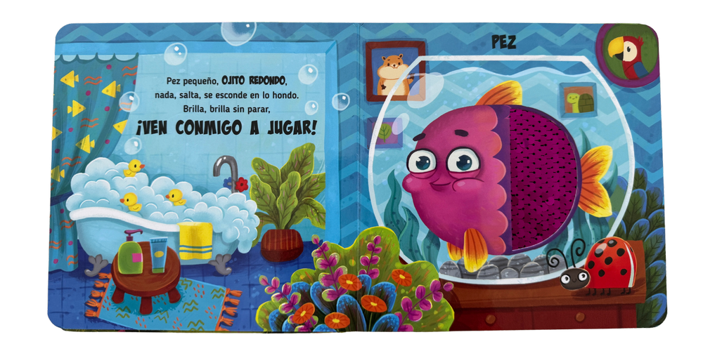 Página interior de Mascotas con un pez y escamas brillantes texturizadas